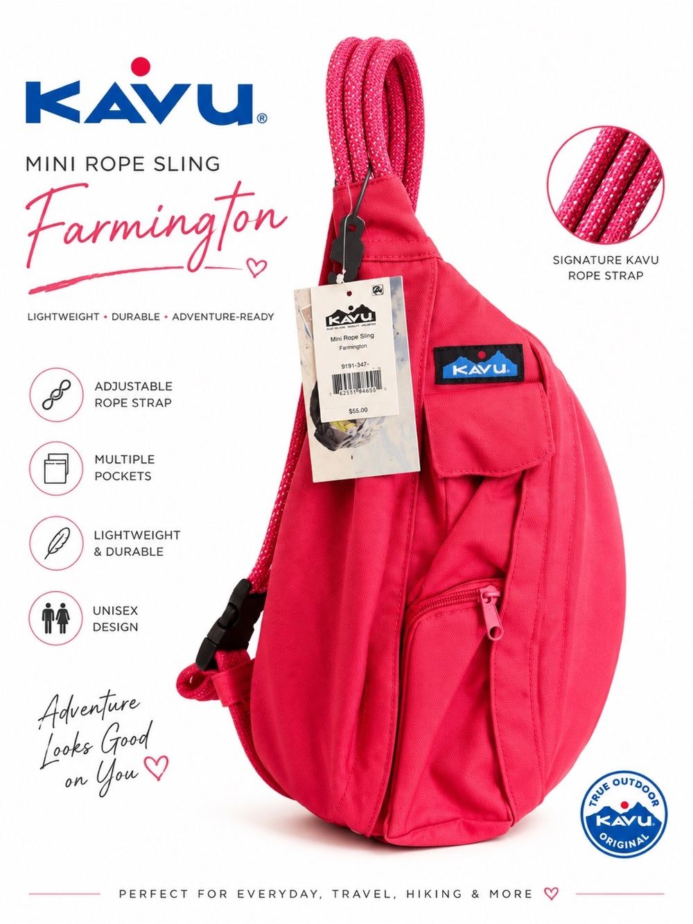 NWT KAVU Mini Rope Sling Backpack Farmington Pink Crossbody Travel Bag